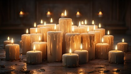 Many lit candles on a surface with dripping wax