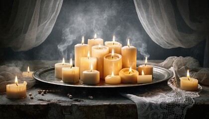 Burning candles on tray with smoke and white fabric