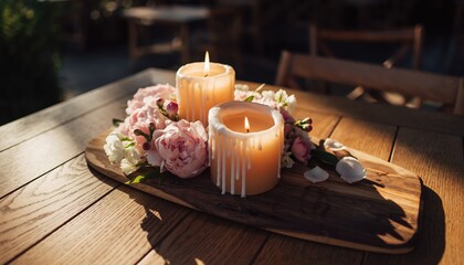 Two lit candles with pink and white flowers on a wooden board