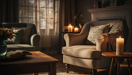 Cozy living room scene with armchairs and lit candles