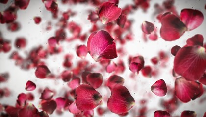 Red rose petals falling against a white background