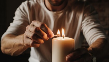 Person lighting a thick candle with a match