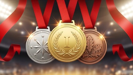 Shining gold, silver, and bronze medals on red ribbons in spotlight