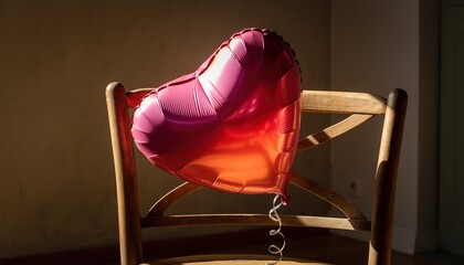 A heart shaped balloon rests on a wooden chair