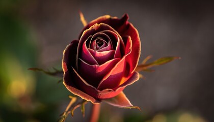 Close up of a deep red rosebud with sunlight highlighting its petals