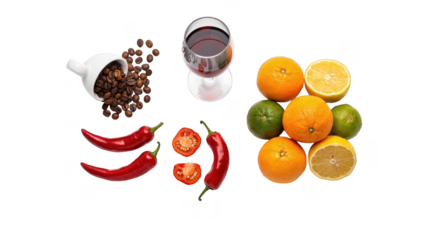 Topdown view of coffee chili peppers citrus fruits and a wine glass arranged on a white table representing common dietary triggers for gastritis on a clean background.