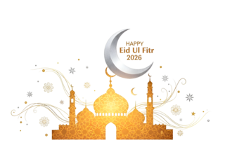 Happy Eid Ul Fitr 2026 Golden Mosque Crescent Moon Illustration Isolated on Transparent Background