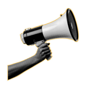 Retro halftone hand holding megaphone art collage on transparent background