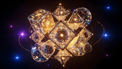 Glowing geometric shapes floating in space with bright lights and stars