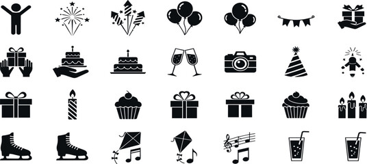 A collection of black icons representing various celebration elements on a white background