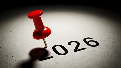 Red push pin marking the year 2026 on a textured surface