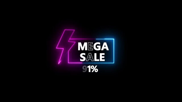 Glowing neon text Mega Sale 91 Percent Off Discount Announcement With Lightning Bolt. discount promotion for online and retail shopping with dark background.
