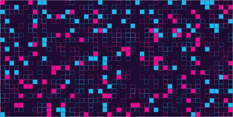 A vibrant digital pattern of pink and blue squares on a dark background