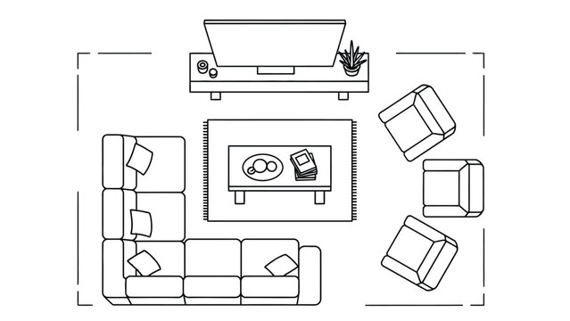 A modern living room with a couch, coffee table, and TV setup