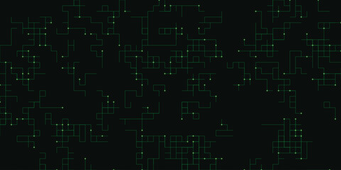 A dark background with a complex network of green lines and dots forming a futuristic digital pattern