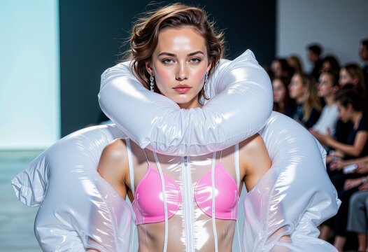 Innovative Runway Fashion Featuring Bold Pink Bikini Top and Dramatic Futuristic White Inflatable Element in Modern Show