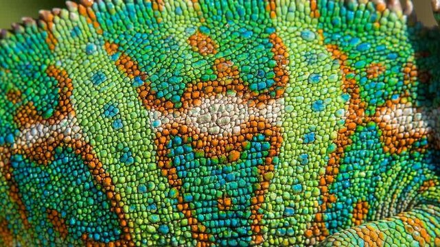 Colorful reptile skin close up with hyperreal textures showing detailed green and blue scales creating vibrant natural scale pattern texture