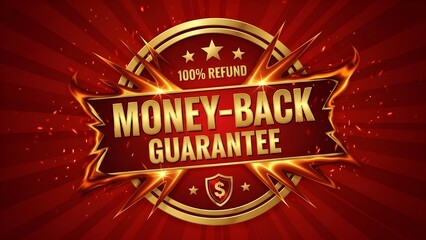 Golden money-back guarantee emblem on red burst background