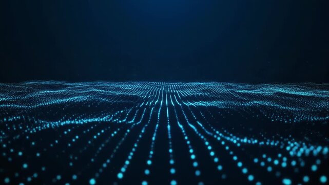 A futuristic digital landscape with blue glowing dots forming wavy patterns on a dark surface viewed from a low angle perspective