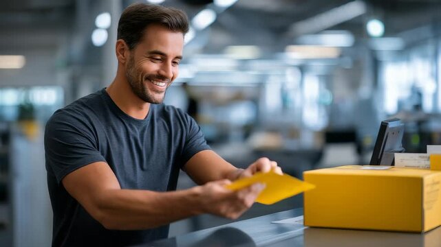 A man in a casual t shirt inspects a yellow envelope at a sleek office desk, with a matching package nearby. The contemporary office setting highlights productivity and efficient mail handling