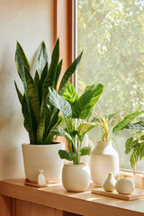 Bright minimalist home interior with air purifying plants like snake plant pothos and peace lily arranged with wellness decor and natural light
