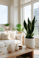 Bright minimalist home interior with air purifying plants like snake plant pothos and peace lily arranged with wellness decor and natural light
