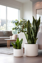 Bright minimalist home interior with air purifying plants like snake plant pothos and peace lily arranged with wellness decor and natural light
