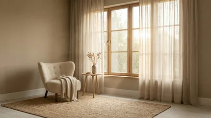 Fototapete Japandi Cozy Scandinavian Living Room Interior with Sheer Curtains, Plush Armchair, and Natural Sunlight  © Rizki zf