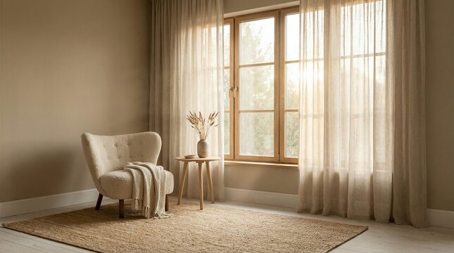 Cozy Scandinavian Living Room Interior with Sheer Curtains, Plush Armchair, and Natural Sunlight
