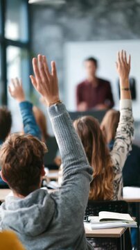 A group of students enthusiastically raise their hands in a bright, contemporary classroom, eager to contribute. The teacher leads an interactive session that encourages student involvement
