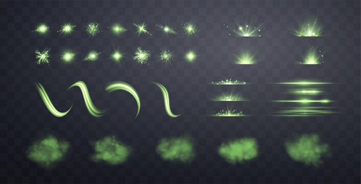 Green lens flares, lines, flashes and smokes set. Spotlight with rays or and bokeh. Glow flare light effect. Isolated on transparent background. Vector illustration.