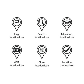 Flag location, Search location, Education location, ATM location, Close location, Location checkup, icon
