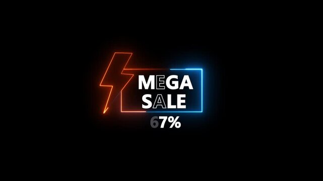 Glowing neon text Mega Sale 71 Percent Off Discount Announcement With Lightning Bolt. discount promotion for online and retail shopping with dark background.
