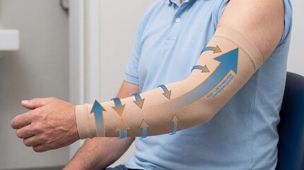 A medical compression sleeve on a person's arm, showcasing a detailed, photorealistic demonstration of how the product functions, featuring illustrated directional arrows.