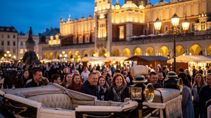 Naklejka premium Capture the atmosphere of a bustling town square. People gather around a horse-drawn carriage under the warm glow of streetlights, creating a scene of joyful interactions and timeless elegance.
