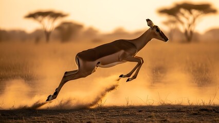Antelope running freely in savannah at golden hour sunset