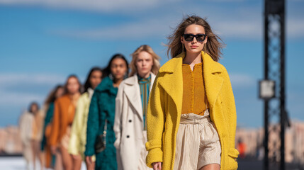 A creative asset designed around blonde fashion model strolling the runway in a yellow overcoat, collar-up sleeve jacket, sporting sunglasses and other accessories – winter fashion show's m keyboard.