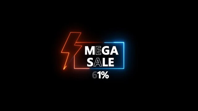 Glowing neon text Mega Sale 71 Percent Off Discount Announcement With Lightning Bolt. discount promotion for online and retail shopping with dark background.