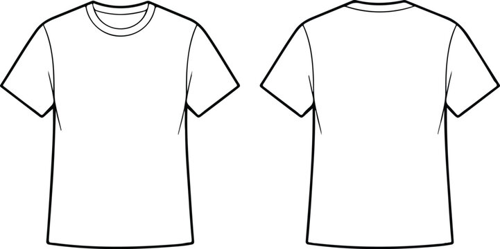 A technical fashion illustration of a plain white t-shirt shown from two views - front and back.