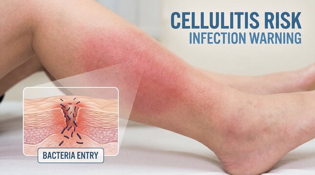 Visual depiction of a leg affected by cellulitis. A close-up view highlights the symptoms of cellulitis and its warning.