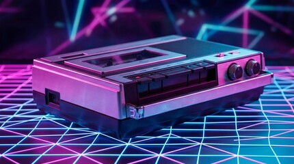 A retro cassette player, bathed in vibrant neon light, evokes nostalgia for the 80s music era, with a grid background.