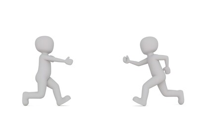 Two grey cartoon characters running side by side in a plain white background