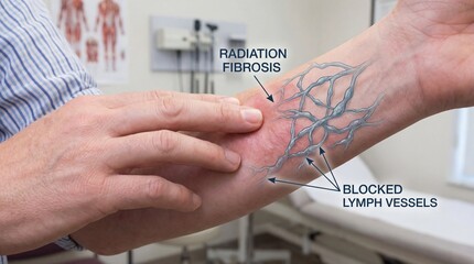 Depicting a medical examination, showcasing radiation fibrosis and blocked lymph vessels in a realistic setting.