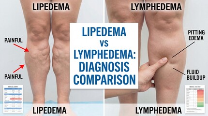 Comparative medical imagery presenting Lipedema versus Lymphedema, highlighting diagnosis, differences, and visual comparisons with diagnostic comparison. 