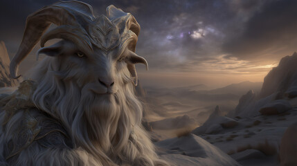Epic Fantasy Creature - Majestic Goat in a Mystical Landscape at Sunset with Whimsical Art Style
