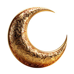 Ornate Embossed Golden Crescent Moon with Intricate Floral Patterns, Islamic Symbolic Decoration Isolated on White Background