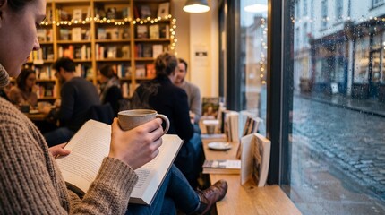 A woman immersed in a book, enjoying coffee and a cozy setting in a bookstore café with a blurred street view.