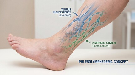 An artistic medical illustration of Phlebolymphedema concept, highlighting venous insufficiency and compromised lymphatic system.