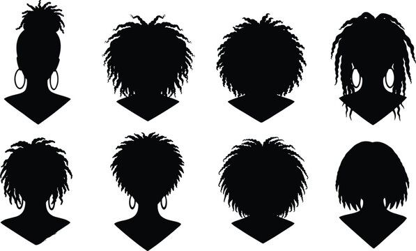 Collection of vector silhouettes depicting African American women with various natural hairstyles and earrings for beauty salon logo design