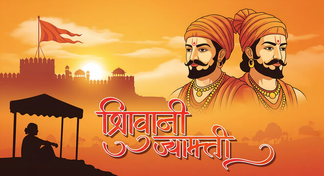 This Shivaji Jayanti tribute features two portraits of Chhatrapati Shivaji Maharaj Marathi text शिवाजी जयंती a saffron flag a fort silhouette a hilly landscape and warm hues It honors his ... 